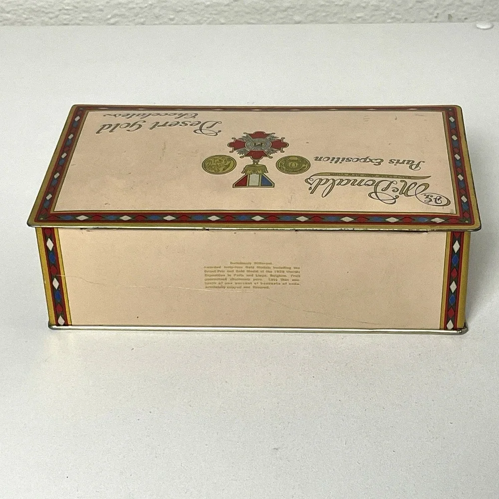 Vintage Chocolate Tin Box Hinged Lid J G McDonald's Paris Exposition Desert Gold